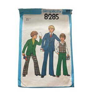 70s Simplicity 8285 Boys Suit Pattern Pants Vest Jacket Size 7 Vintage 1977 CUT